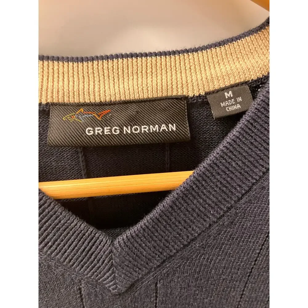 GREG NORMAN Medium GOLF Sweater Vest Navy‎ BLUE V NECK Preppy Knit MENS